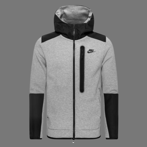 NIKE TECH FLEECE WOVEN NYLON OVERLAY HOODED TOP (GREY/BLACK)