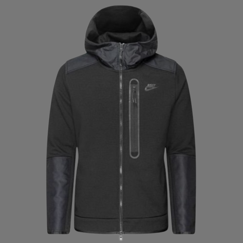 NIKE TECH FLEECE WOVEN NYLON OVERLAY HOODED TOP (BLACK)